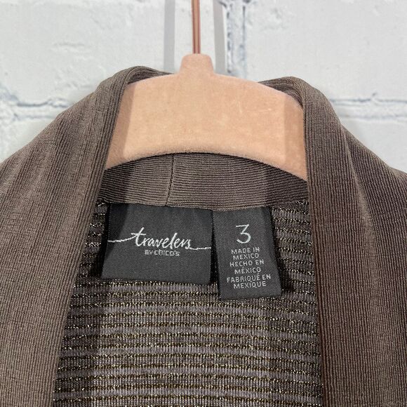 Chicos Travelers Cardigan Women XL Tan Glitter Slinky Flowy Office Preppy Duster - Picture 4 of 12